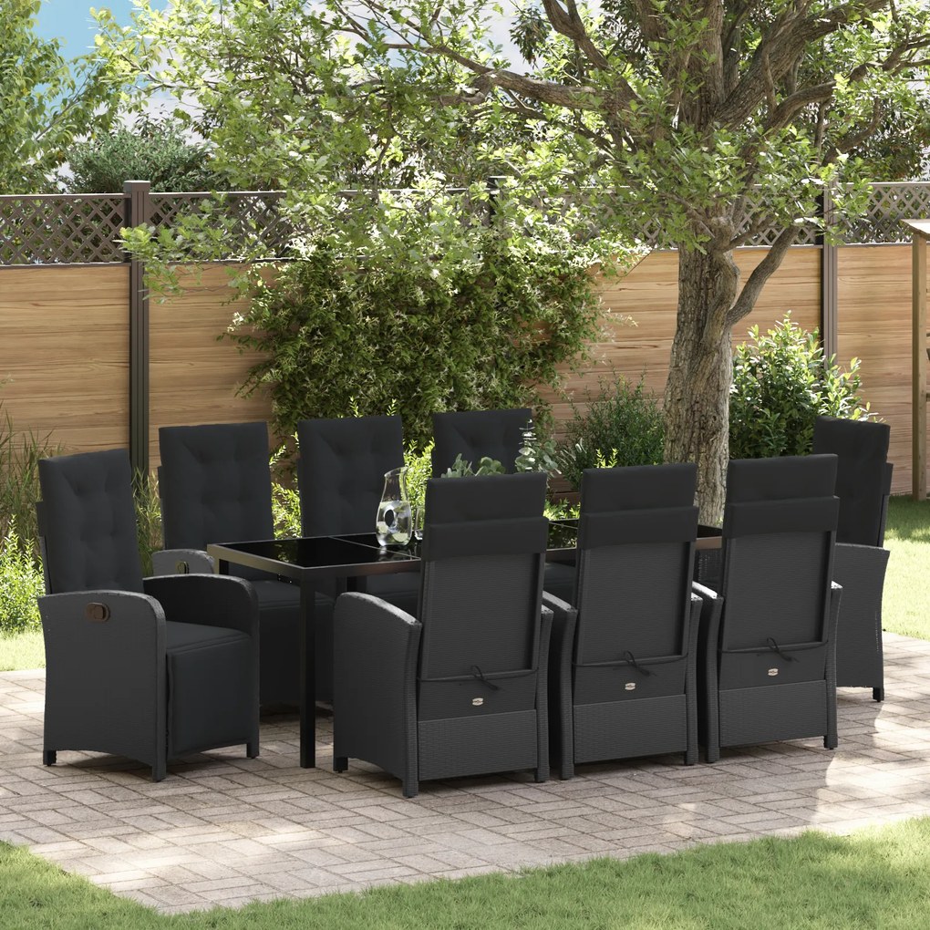 Conjunto de Jantar de Jardim vidaXL de 9 Peças com Almofadas Preto Rat