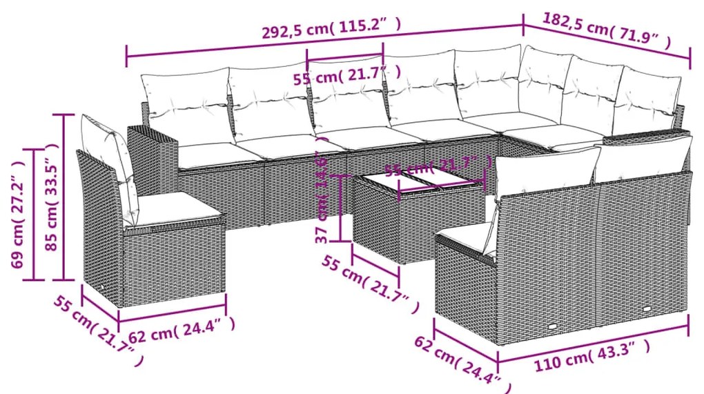 11 pcs conjunto sofás de jardim c/ almofadões vime PE bege