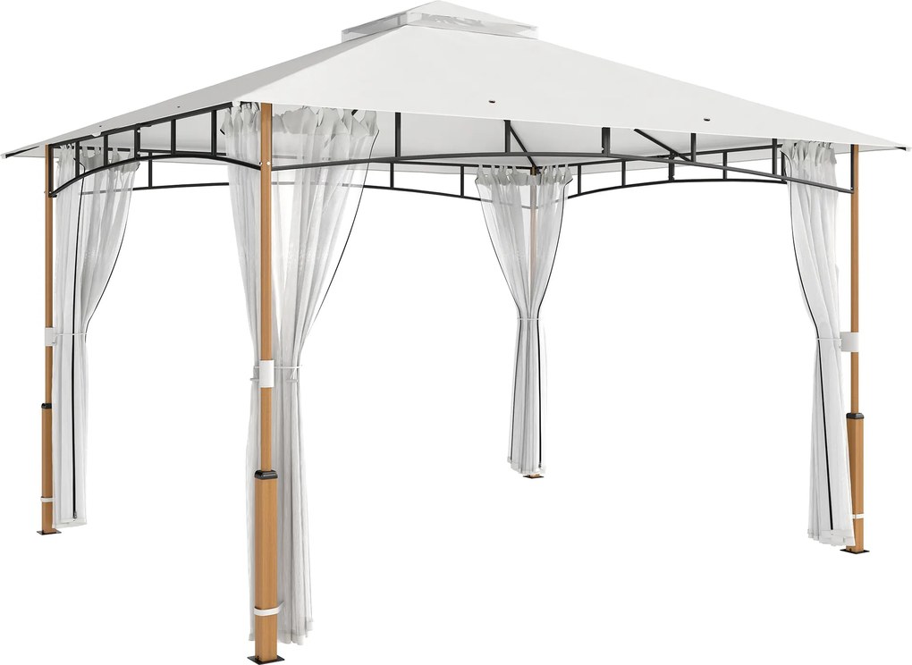 Pérgola para Jardim 3x3,6 m com Telhado Duplo Paredes de Rede UPF50+ Estrutura Metálica Creme e Teca