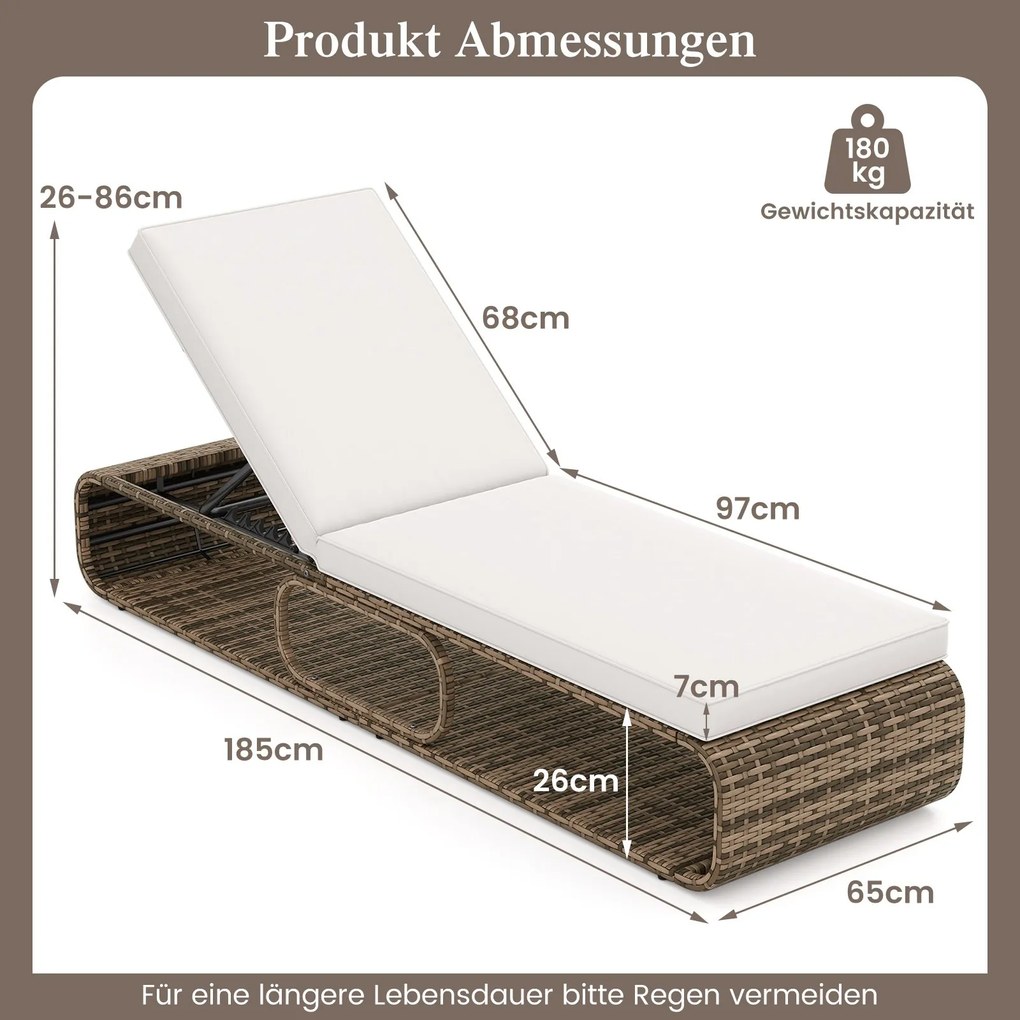Espreguiçadeira de rattan para jardim com almofada e encosto ajustável, suporta até 180 kg Castanho misto + Branco