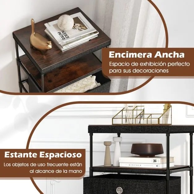 Cómoda com  3 gavetas gavetas de tecido 40 x 30 x 81 cm com superfície de madeira e estrutura metálica Castanho rústico e preto