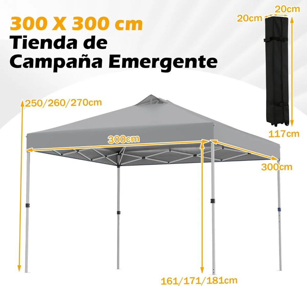 Tenda dobrável 3x3 m com 4 x Sacos de areia de montagem instantânea com 1 botão campismo, feiras, eventos e Saco com rodas Cinzenta