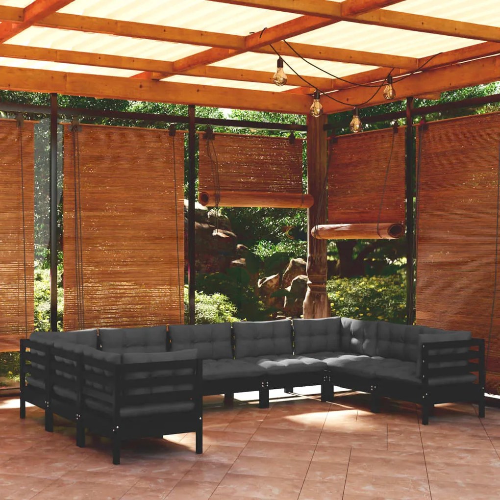 vidaXL 9 pcs conjunto lounge de jardim c/ almofadões pinho preto