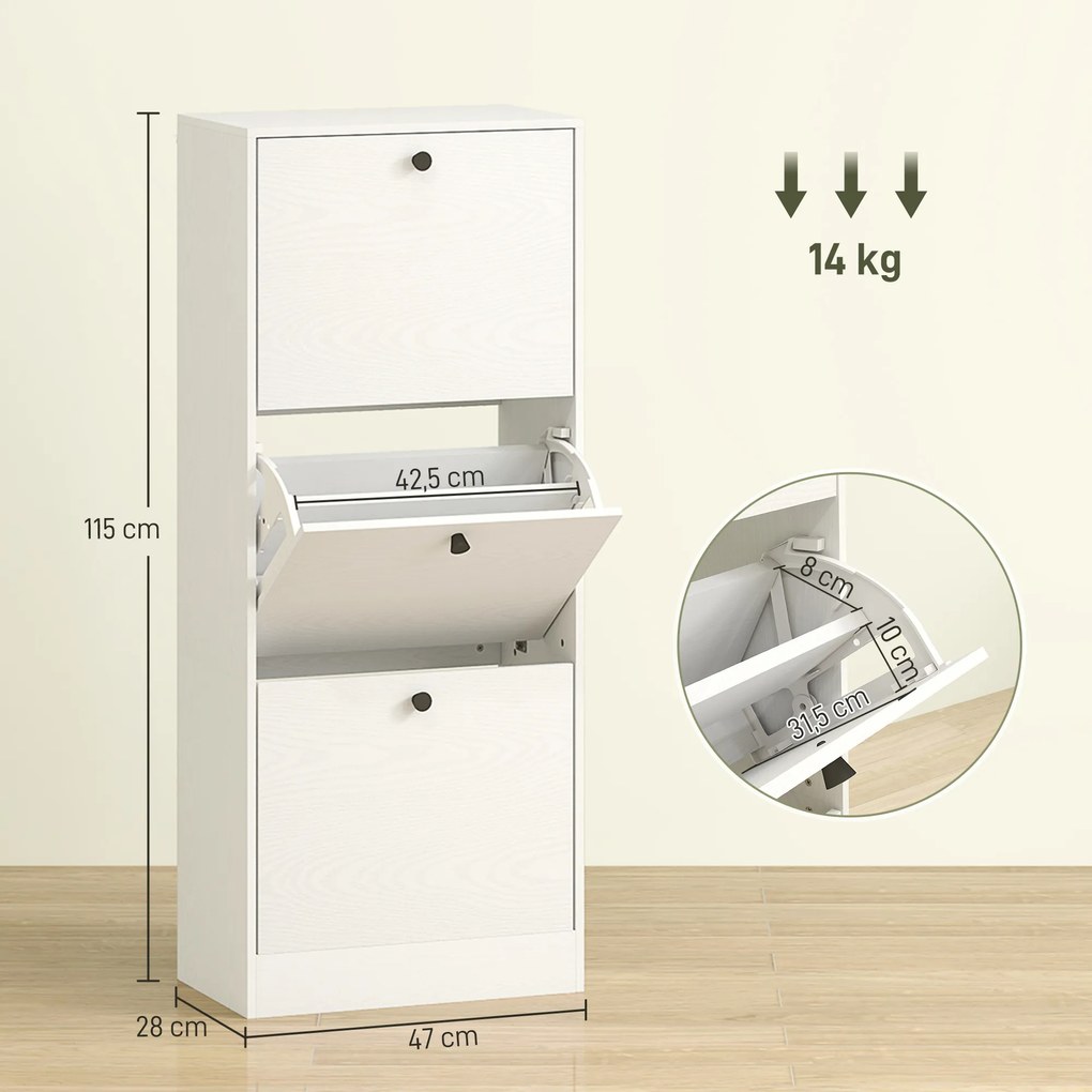 Sapateira Estreita com 3 Portas Sapateira para Entrada com Prateleiras Ajustáveis para 12 Pares de Sapatos 47x28x115 cm Branco