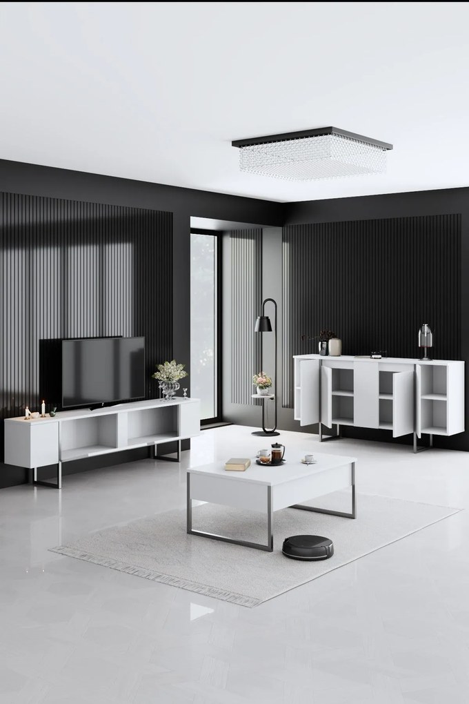 Conjunto de Mobiliário de Sala de Estar Luxe – Branco Prateado – Medid