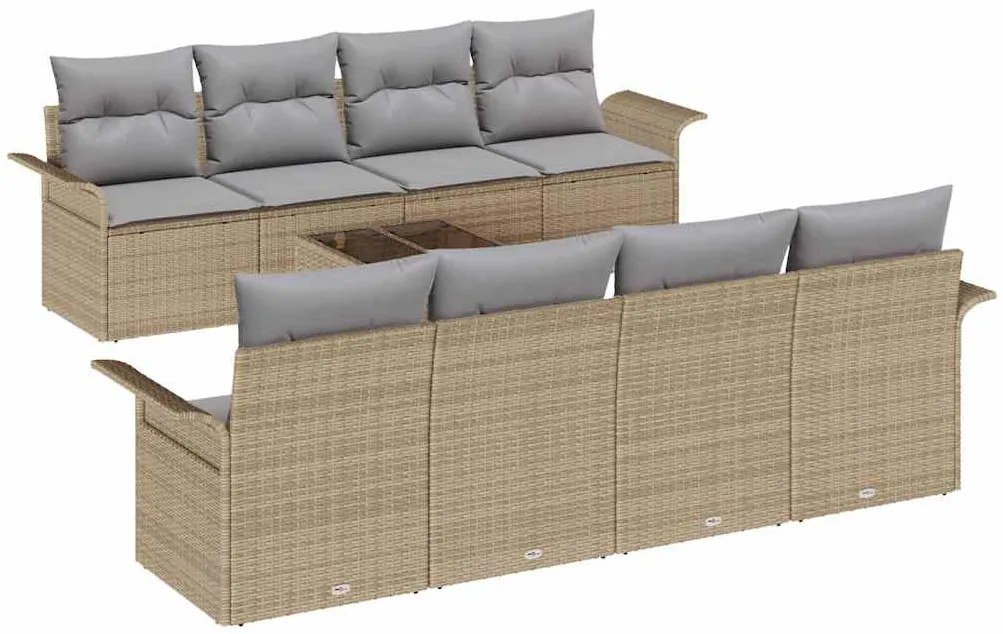 Conjunto de 9 Peças Sofá Jardim com Almofadas Bege Vime Polyester
