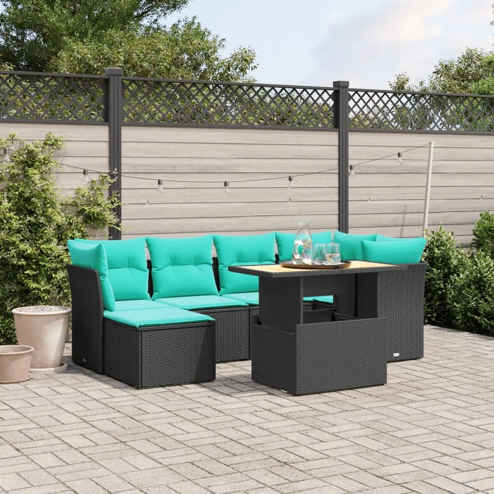vidaXL 7 pcs conjunto de sofás p/ jardim c/ almofadões vime PE preto