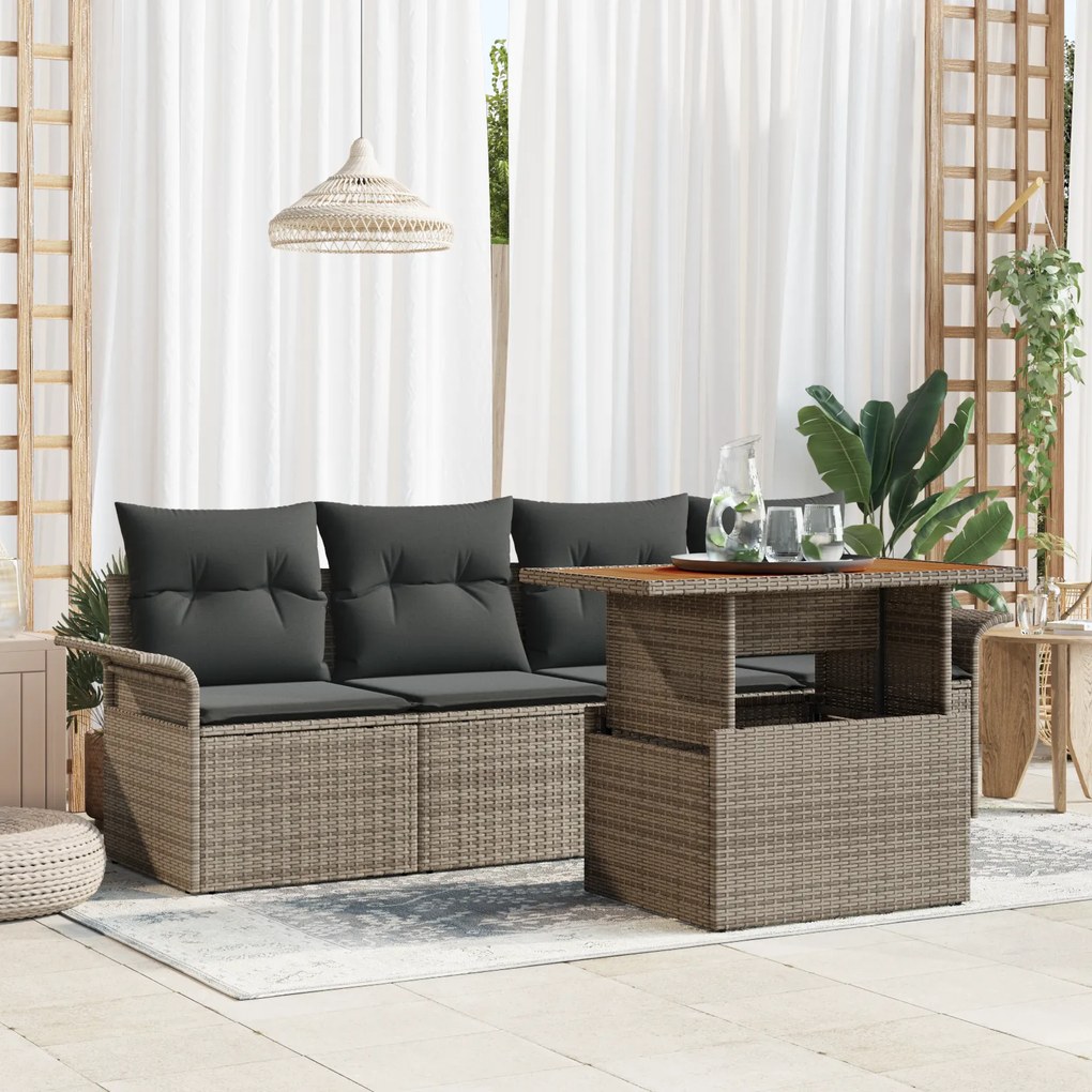 Conjunto de Sofá de Jardim vidaXL 5 Peças com Almofadas Rattan Poliést