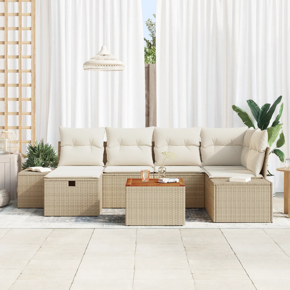 Conjunto de Sofá de Jardim de 7 Peças com Almofadas Bege em Rattan
