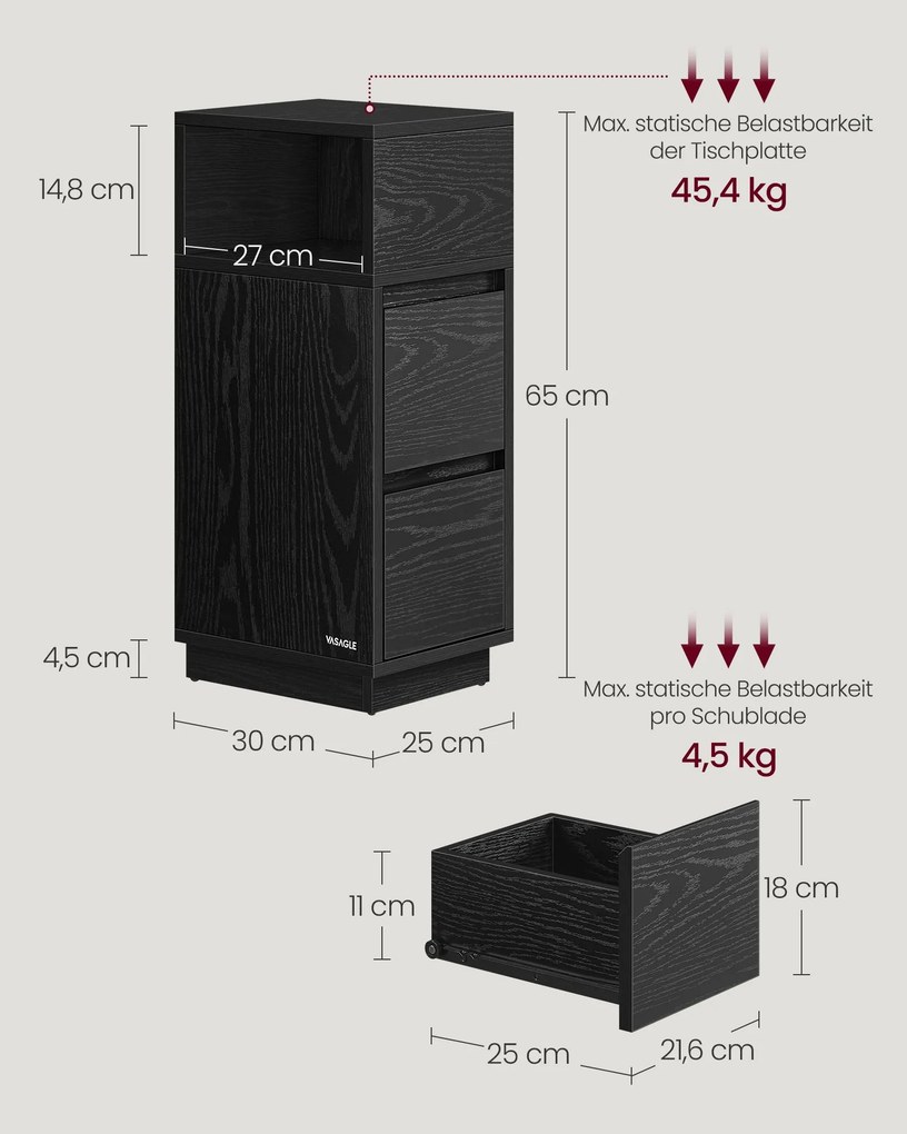 Conjunto de 2 mesas de cabeçeira estreitas 30,1 x 25,1 x 65,1 cm com gavetas em preto
