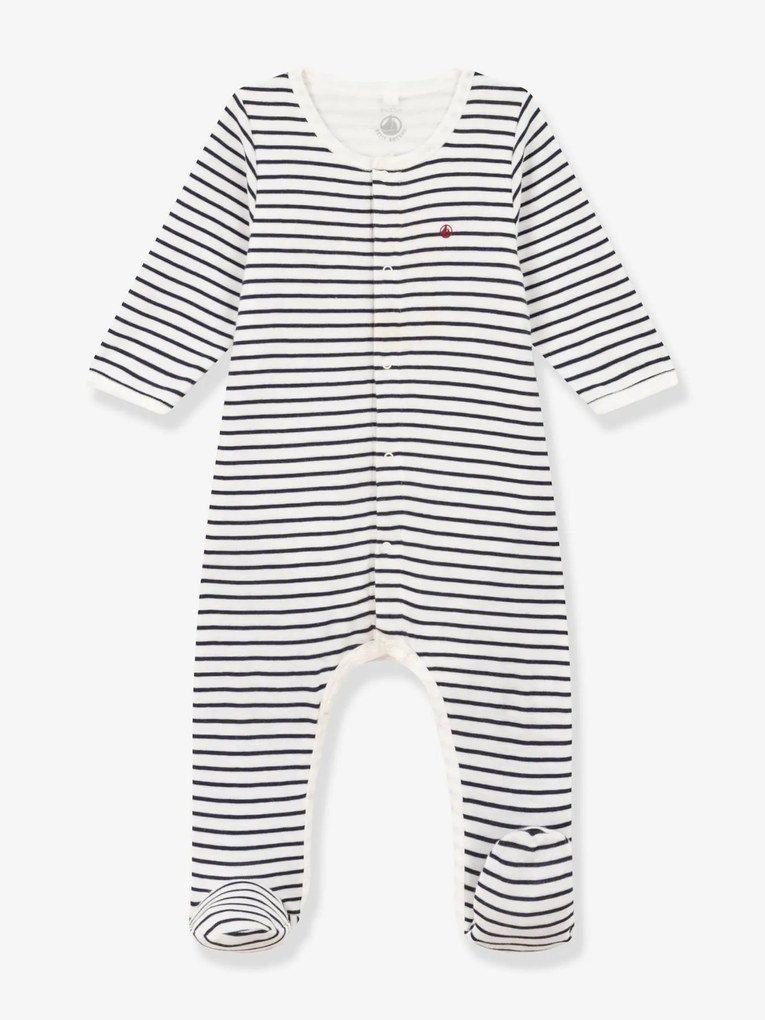 Body-pijama às riscas, em algodão, para bebé, da Petit Bateau marinho