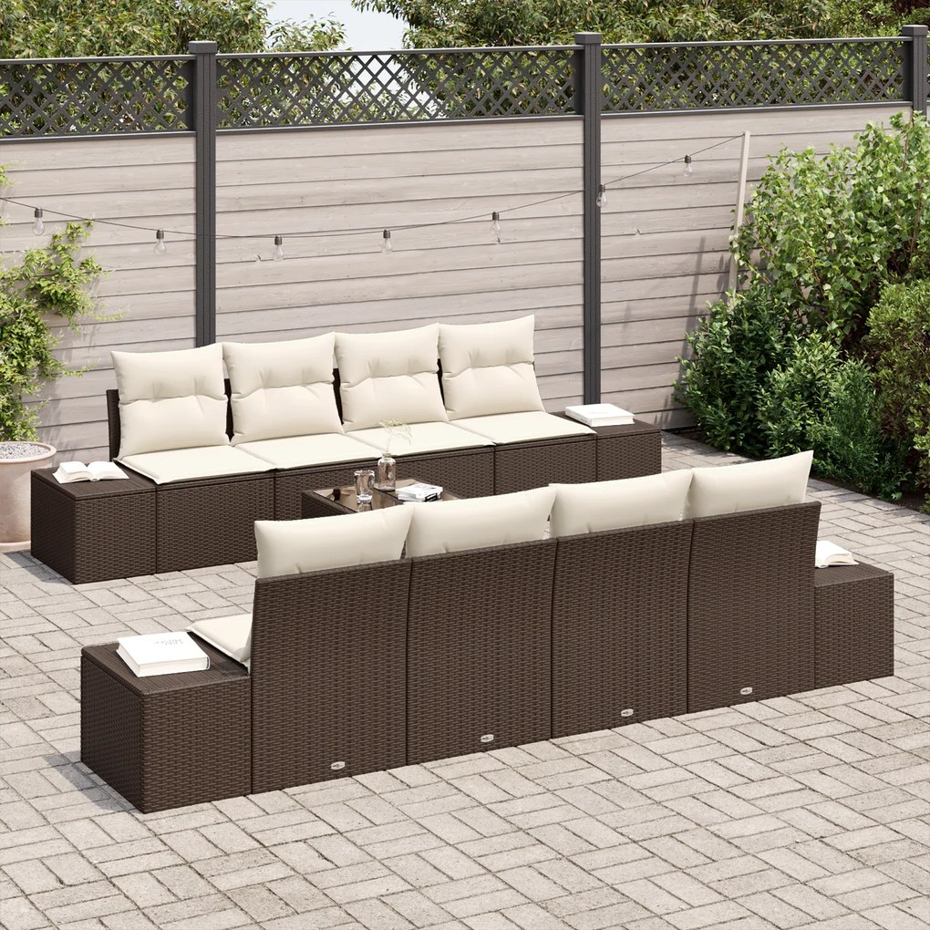 Conjunto de Sofá de Jardim de 7 Peças com Almofadas Castanho de Rattan