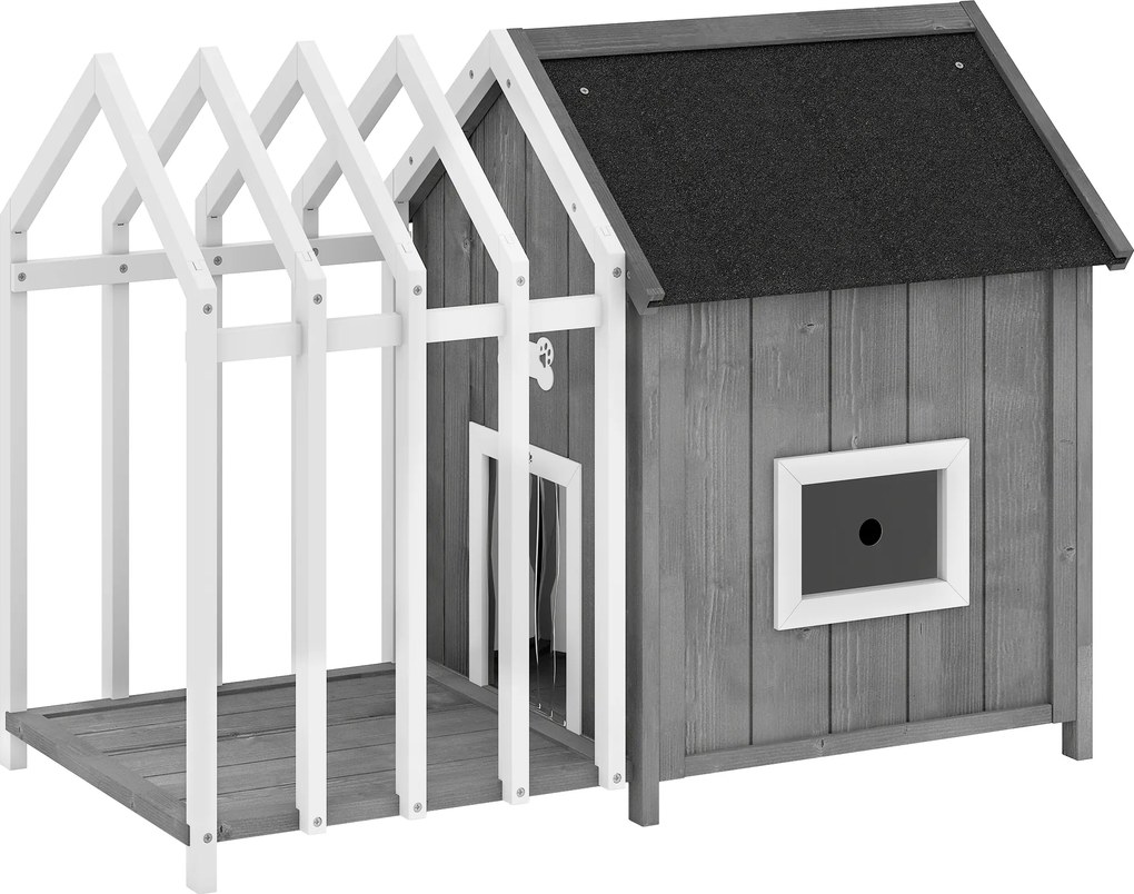 PawHut Casinha para cachorro externa em madeira casa para cachorro externa com terraço, porta de lamelas, 106 x 62,5 x 80,5 cm, cinza | Aosom Portugal