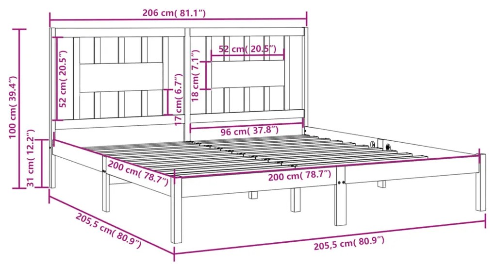 Estrutura de cama 200x200 cm pinho maciço preto