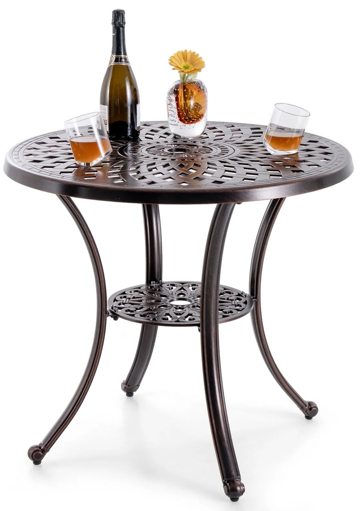 Mesa redonda de alumínio fundido de 24 polegadas, mesa de jantar para pátio, mesa de bistrô com furo para guarda-chuva de 2 polegadas - cobre