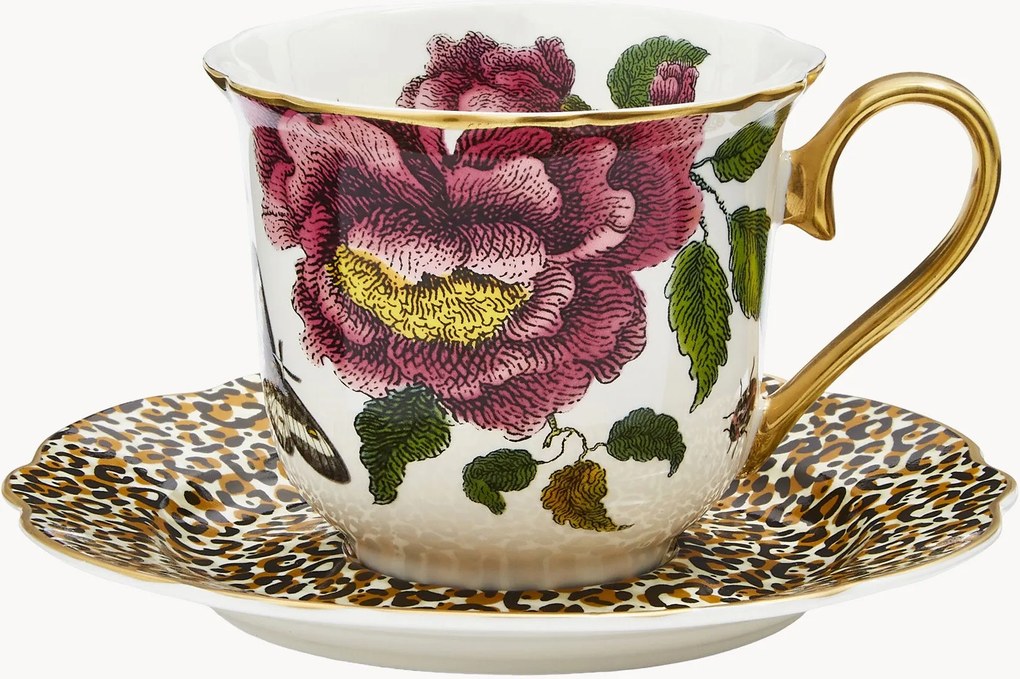 Chávena de chá e pires em porcelana fina White Leopard