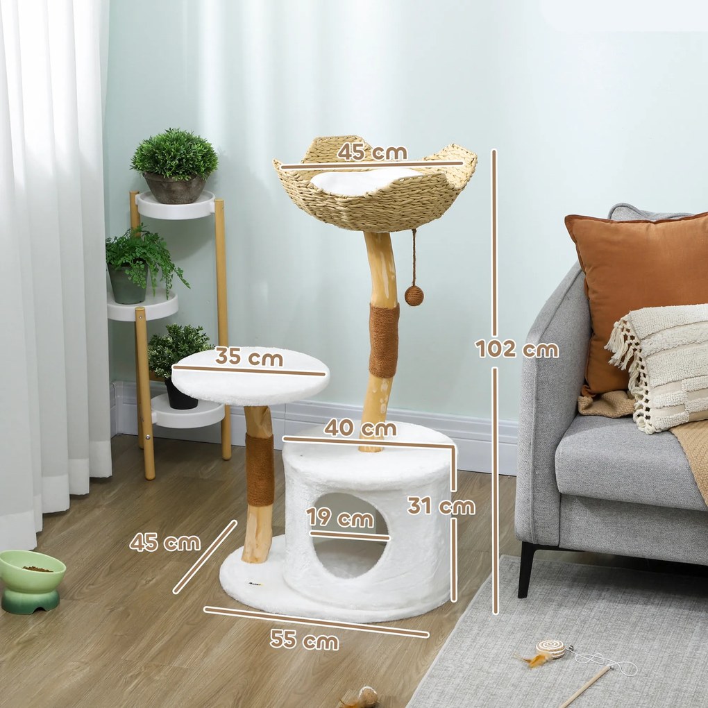 Árvore para gatos com torre de brincadeiras, arranhadores, plataforma, cama, compartimentos abertos e almofada macia lavável, 55 x 45 x 102 cm, branco