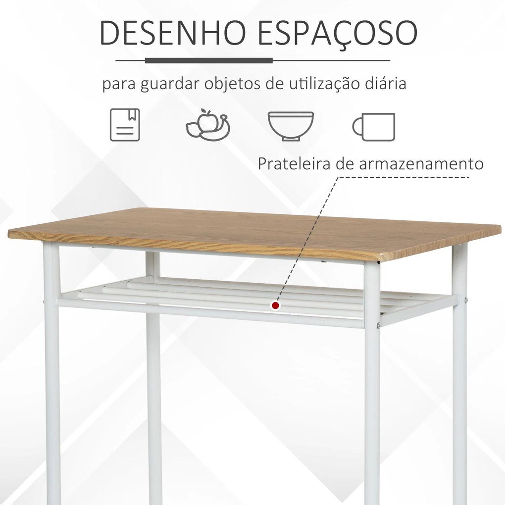 HOMCOM Conjunto de Móvel Bar Conjunto de Mesa Alta e 2 Bancos com Prateleira de Armazenamento e Estrutura de Metal para Cozinha Sala de Jantar 80x50x90cm Branco e Madeira
