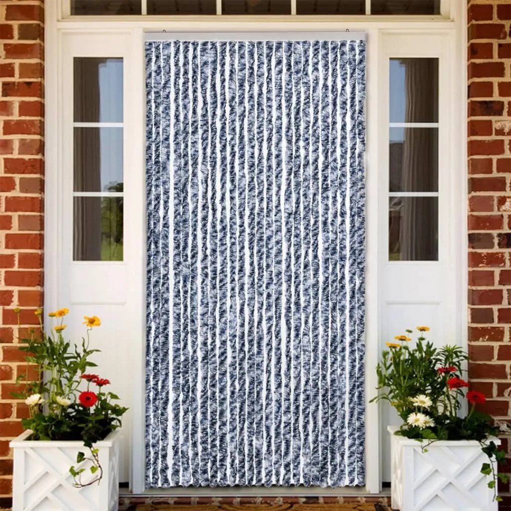 Cortina anti-insetos 100x220 cm chenille azul, branco, prateado