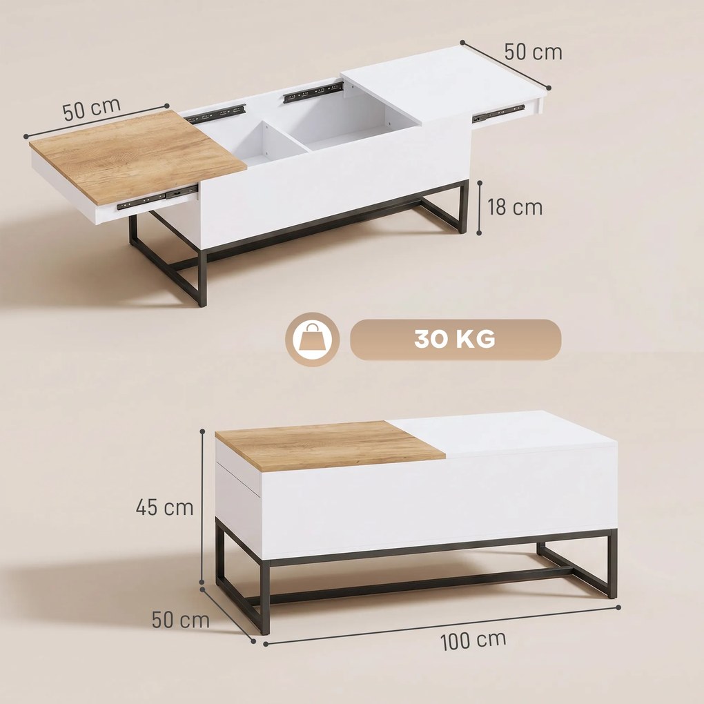 Mesa de centro extensível com tampo deslizante 100 x 50 x 45 cm, mesa de sala com arrumação oculta e pés em aço, branca
