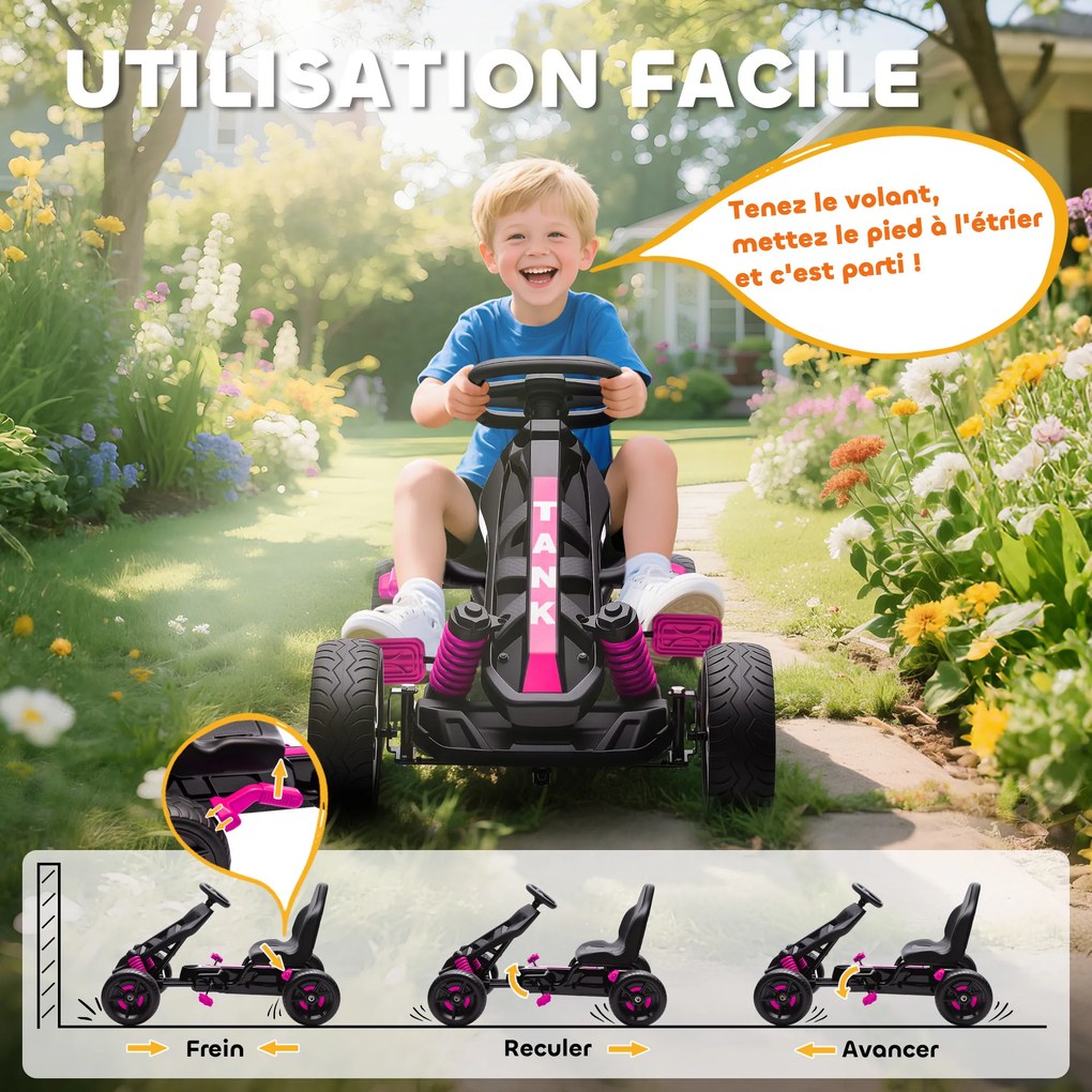 Kart a pedais para crianças, karting infantil para idades entre os 3 e os 6 anos com roda livre, travão e rodas antiderrapantes em EVA, cor-de-rosa