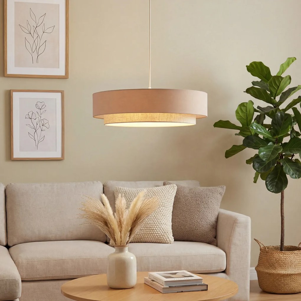 Candeeiro suspenso moderno bege com natural 50cm 3-luzes - Drum Duo