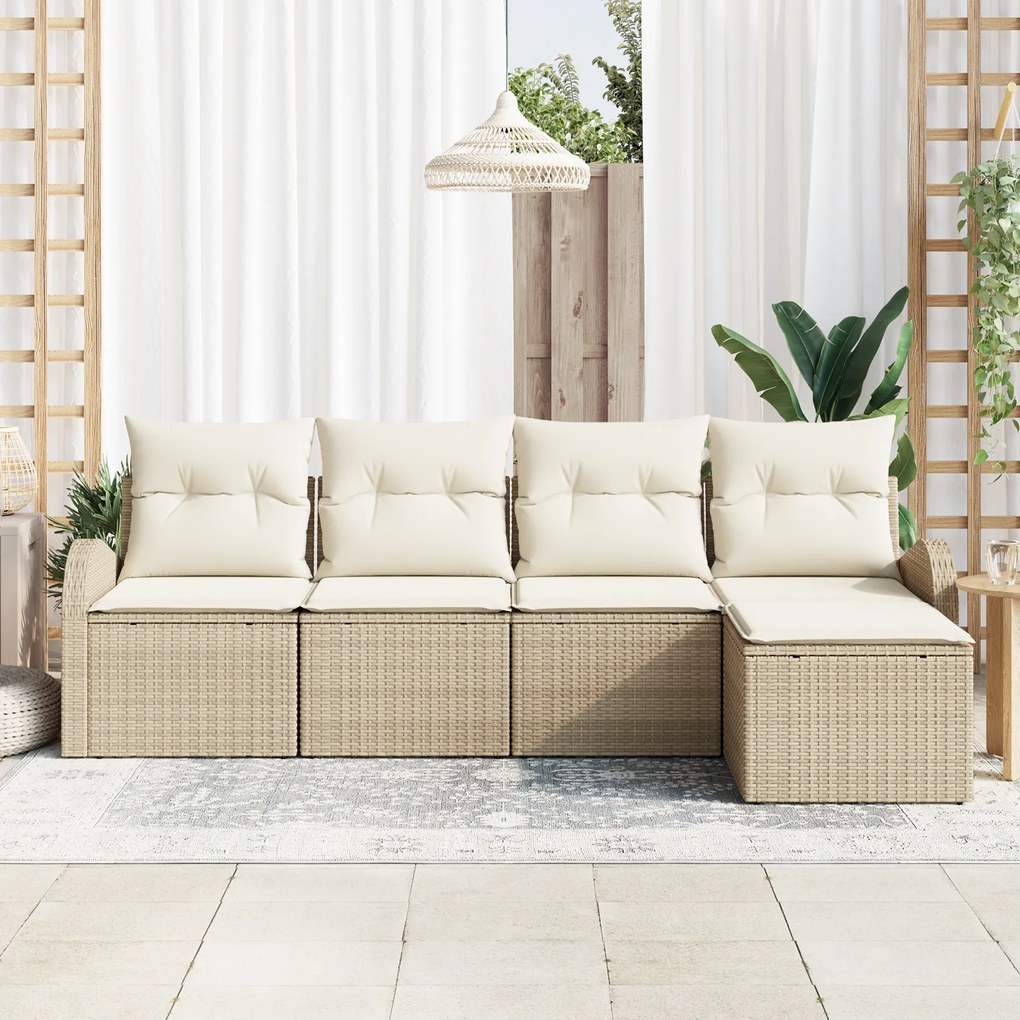 Conjunto de Sofá de Jardim de 5 Peças com Almofadas Bege Rattan