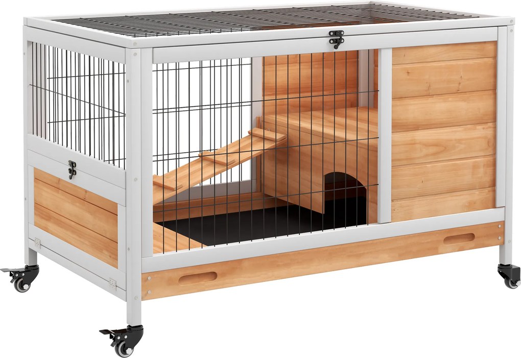 Coelheira de Madeira Gaiola de para Pequenos Animais Portátil com Teto Abatível Rampa Bandeja Amovível 90x53x59cm Madeira