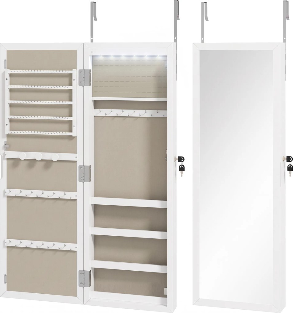HOMCOM Armário para Joias de Parede com Luz LED, Espelho de Corpo Inteiro e Fechadura, Branco | Aosom Portugal
