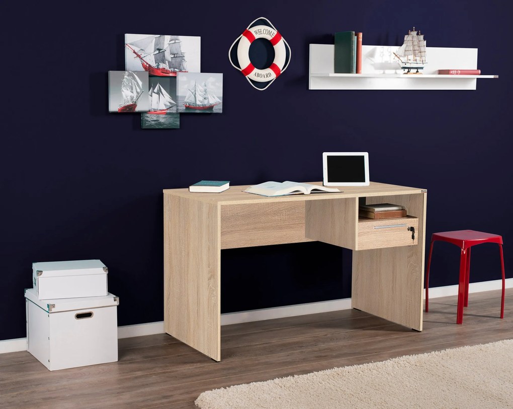 Secretária "Simple" com Gaveta - 120 x 75 x 60 cm - Sonomo e Branco -