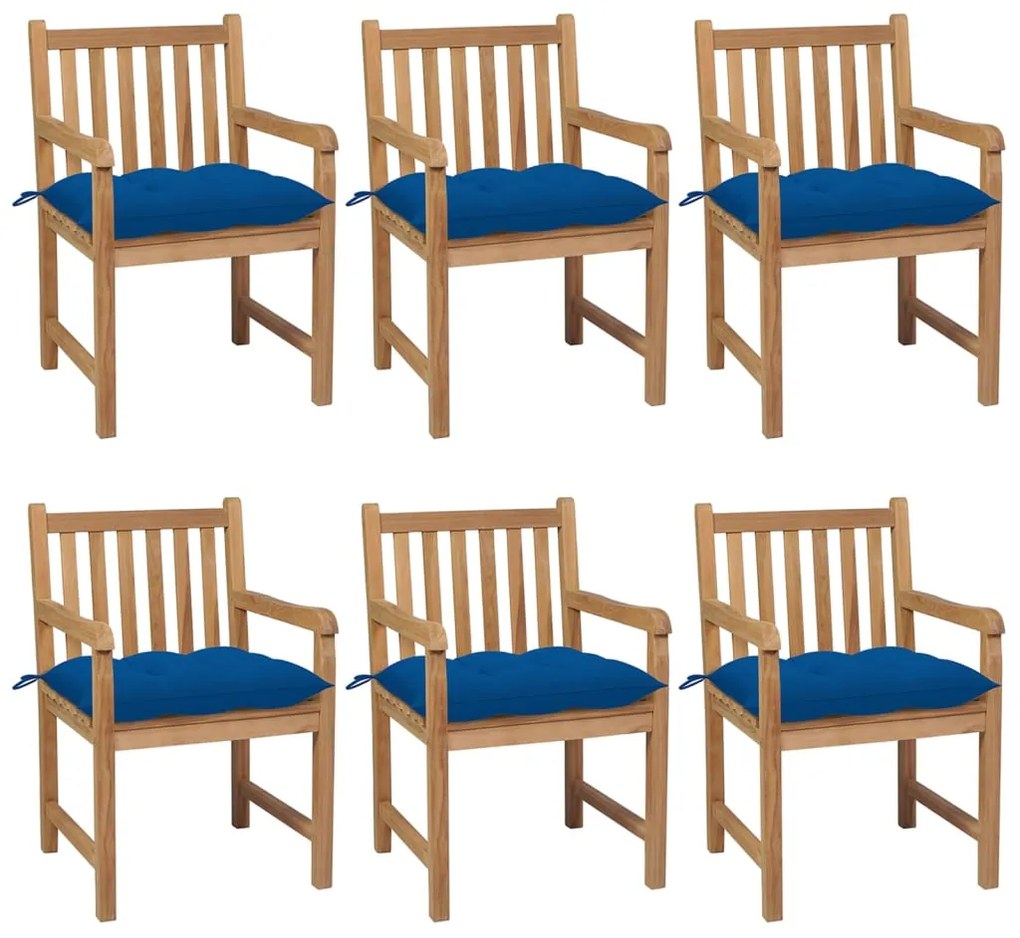 vidaXL Cadeiras de jardim c/ almofadões azuis 6 pcs teca maciça