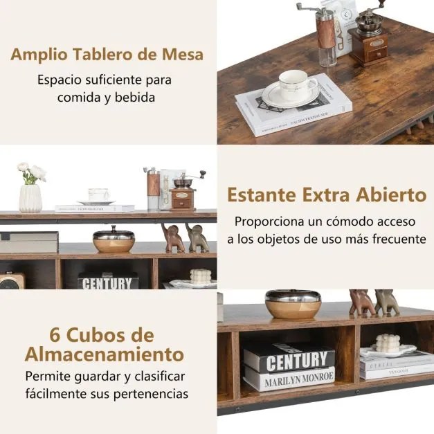 Mesa de centro 110 x 60 x 45 cm de 3 níveis com arrumação com estrutura metálica industrial Estante para sala de estar Castanho rústico