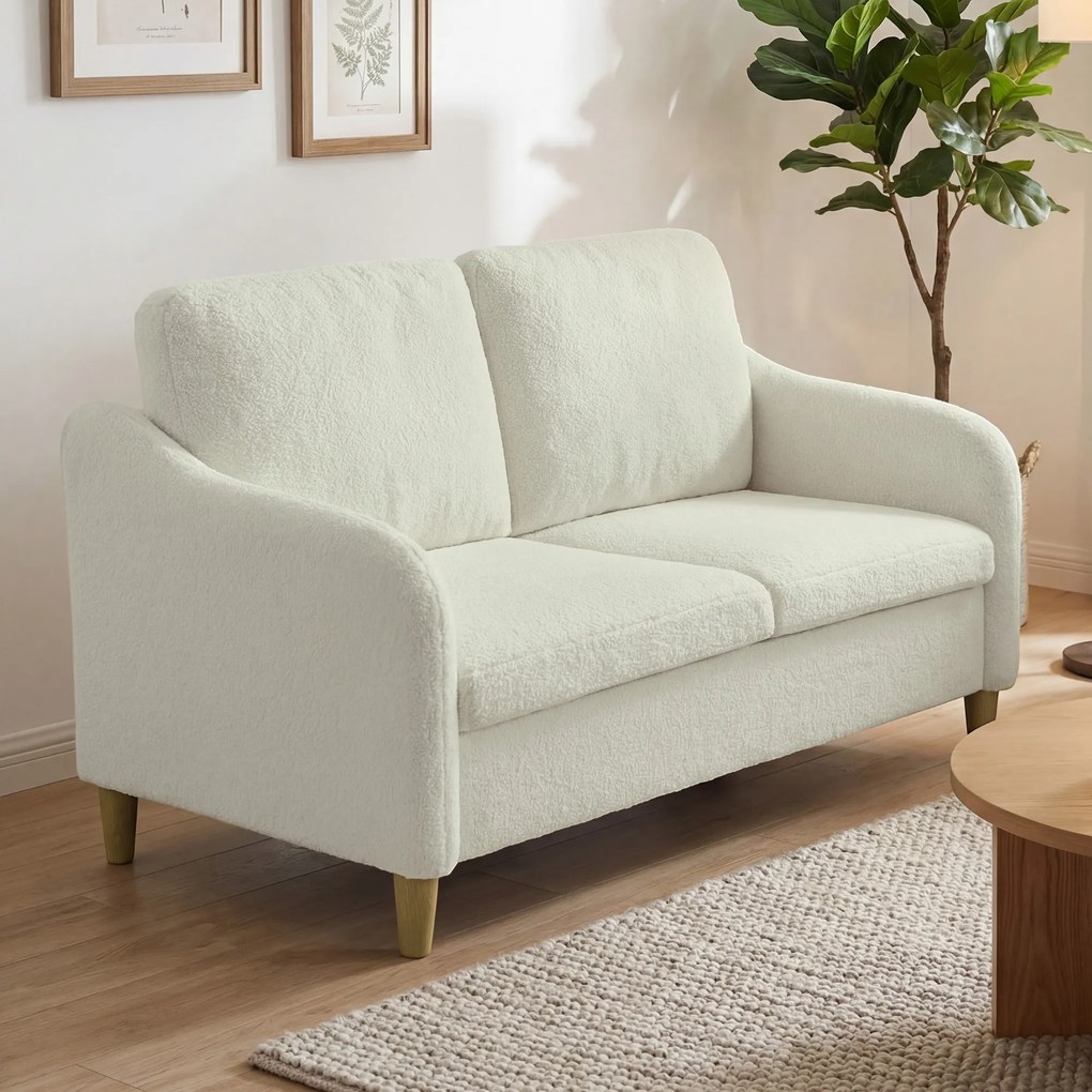 Sofá de 2 lugares, sofá de sala em tecido bouclé com almofadas incluídas, assento almofadado, 137 x 69 x 82 cm, creme