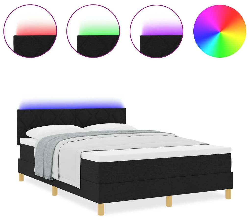 Cama Box Spring com Colchão e LED Preto 140x200 cm Tecido
