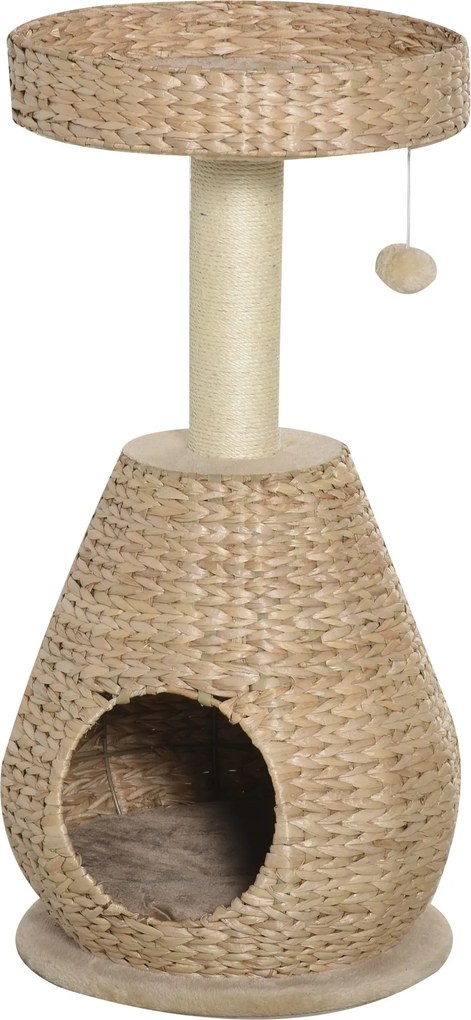 PawHut Arranhador para Gatos, Móvel para Gatinho com Toca, Brinquedo de Bola, Sisal, Pelúcia Macia, Altura 82,5 cm, Amarelo | Aosom Portugal