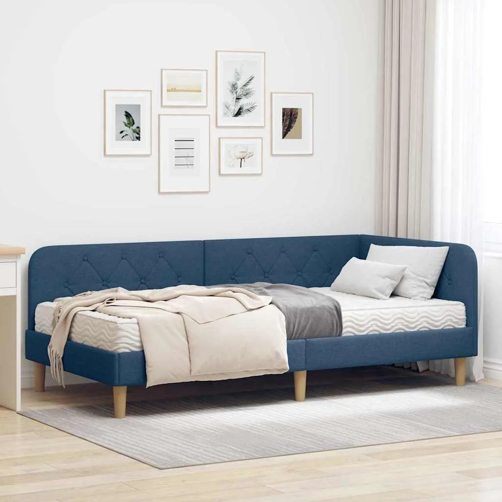 vidaXL Estrutura de Cama de Canto com colchão Azul 90 x 190 cm tecido