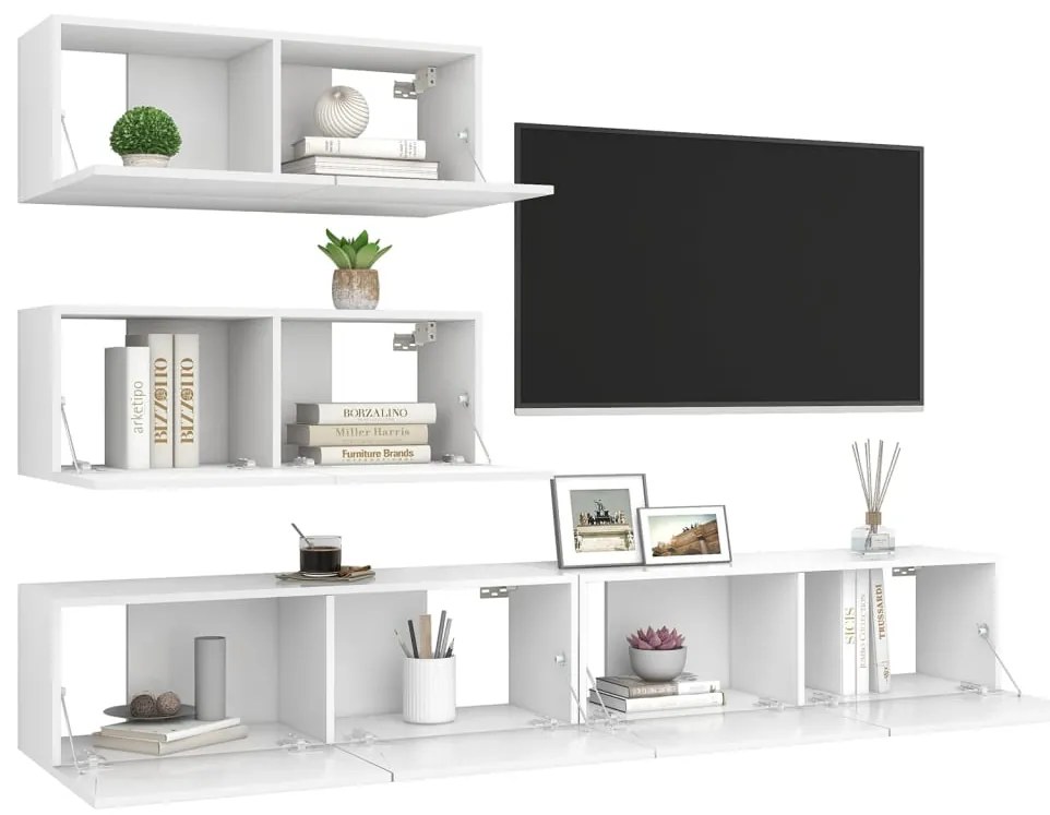 4 pcs conjunto de móveis de TV derivados de madeira branco