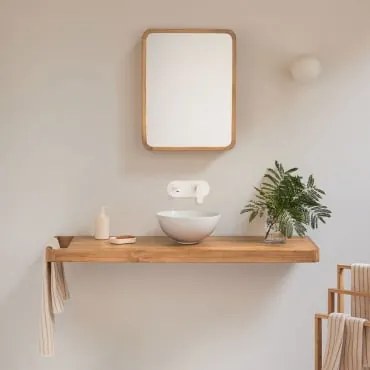 Conjunto De Móvel De Casa De Banho 130x45 Cm Suspenso Em Madeira De Teca Neill Madeira De Teca & Cerâmica Branca Redonda Ø30 Cm - Sklum
