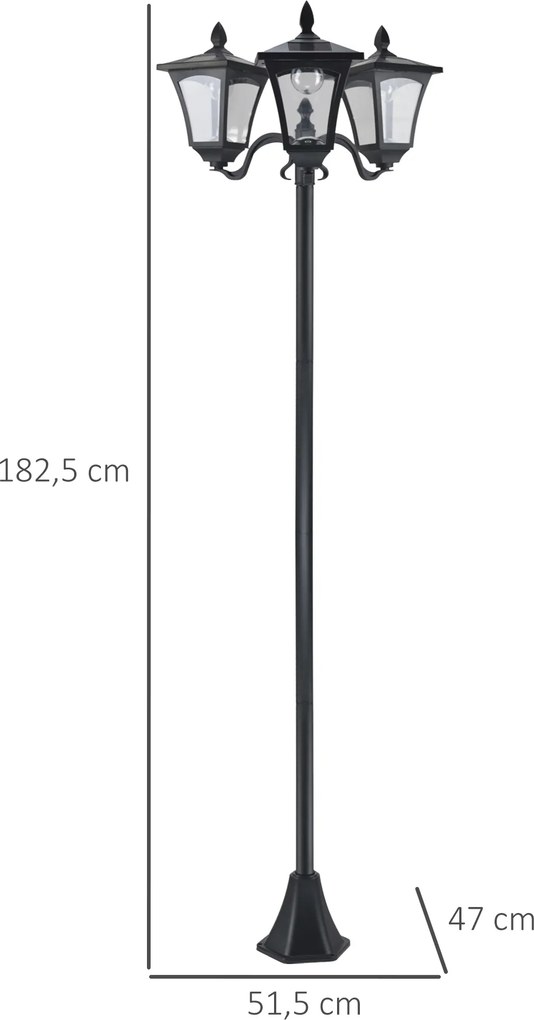 Candeeiro Solar de Jardim com 3 Luzes LED Impermeável IP44 Sensor de Noite Candeeiro de Exterior 51,5x47x182,5cm Preto