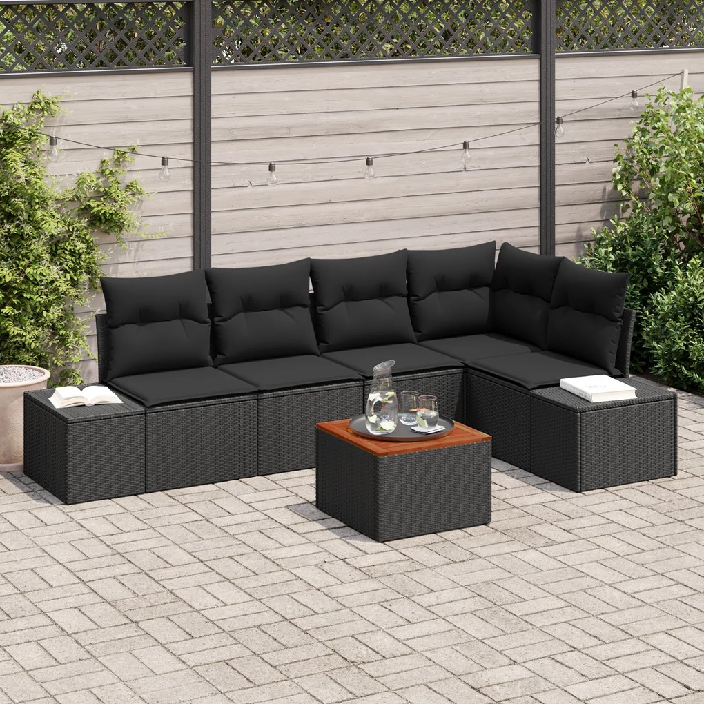 Conjunto de Sofá de Jardim de 6 Peças com Almofadas Preto Rattan Polip