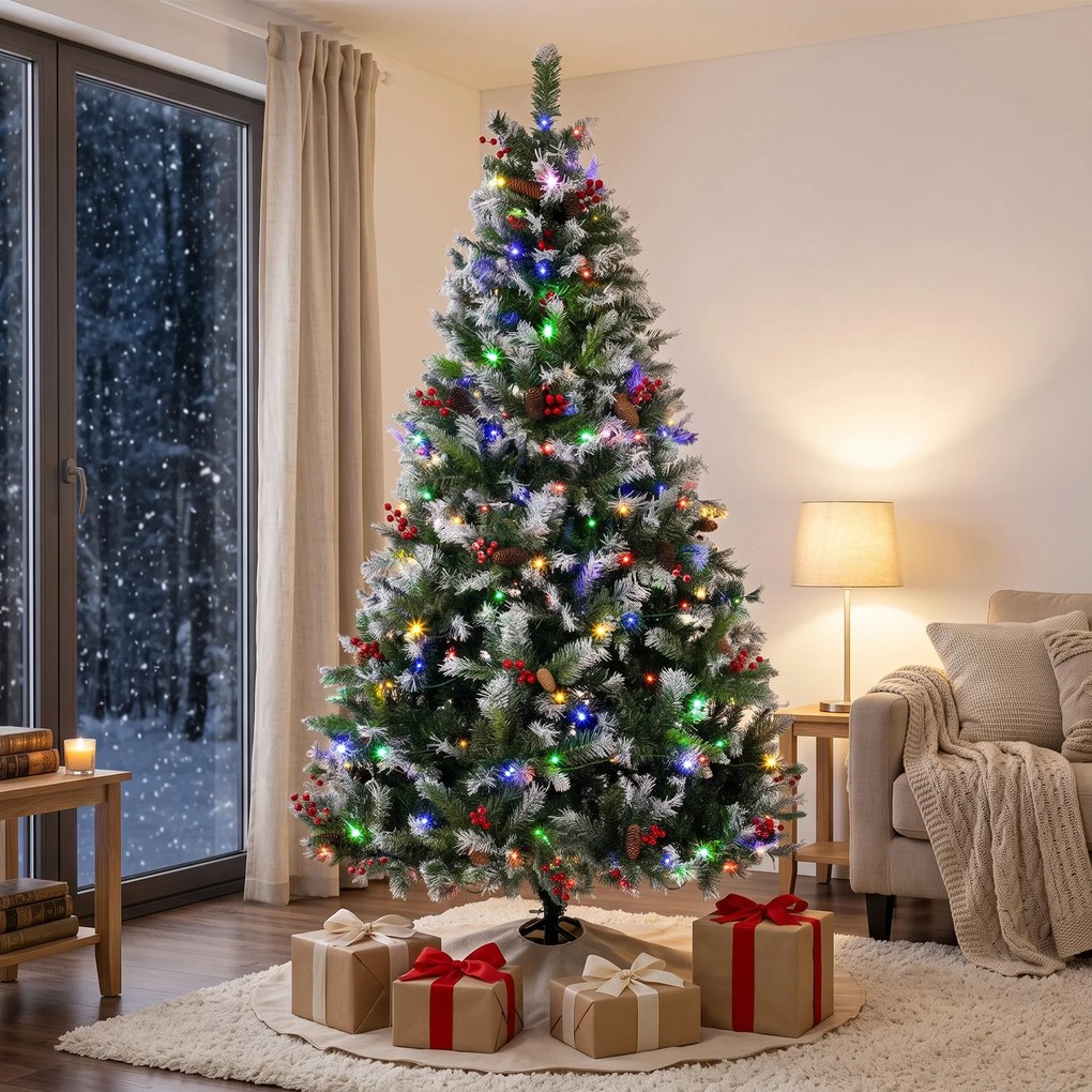Árvore de Natal Nevada 210 cm com 400 LED 11 Modos Comando à Distância 1253 Pontas 44 Pinhas e 44 Bagas