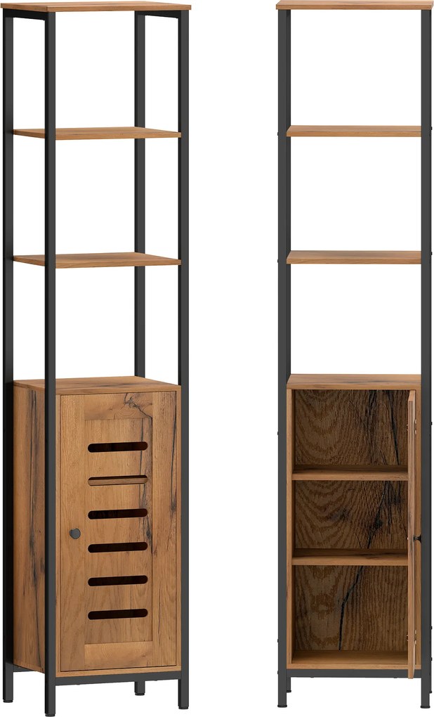 kleankin Coluna Casa de Banho Armário Alto Casa de Banho Estreito com Porta de Ripas Prateleiras Ajustáveis 37x30x167 cm Castanho Rústico | Aosom Portugal