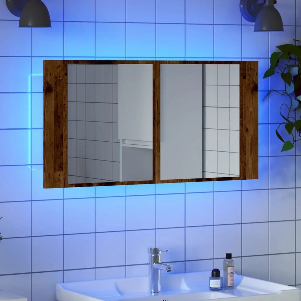 vidaXL Armário espelhado c/ LEDs derivados de madeira madeira velha