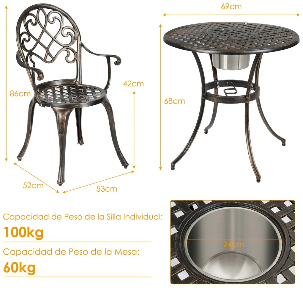 Conjunto de 3 peças de alumínio fundido para mesa de bistrô ao ar livre e 2 cadeiras de bistrô com balde de gelo amovível resistente Bronze