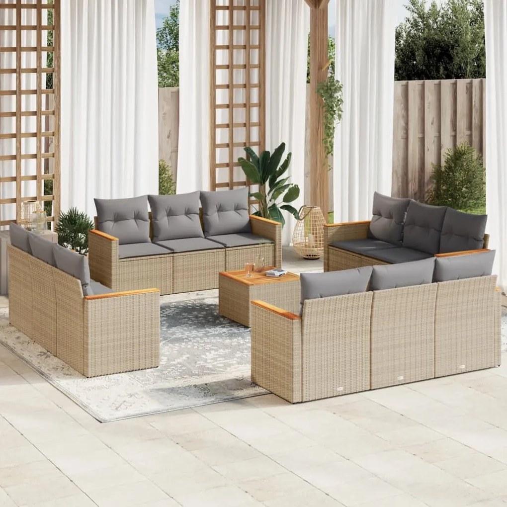 13 pcs conj. sofás jardim c/ almofadões vime PE bege misturado