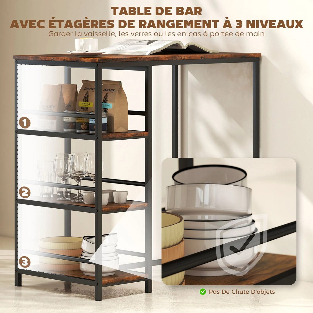 Mesa de bar alta com 3 prateleiras de arrumação e estrutura em aço (BANCOS NÃO INCLUIDOS), 90 x 50 x 90,5 cm, castanho rústico, preto