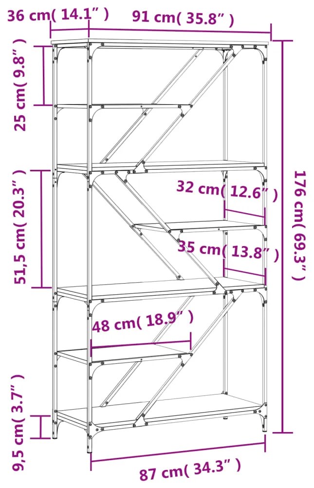 Estante 91x36x176 cm derivados de madeira e aço cinzento sonoma