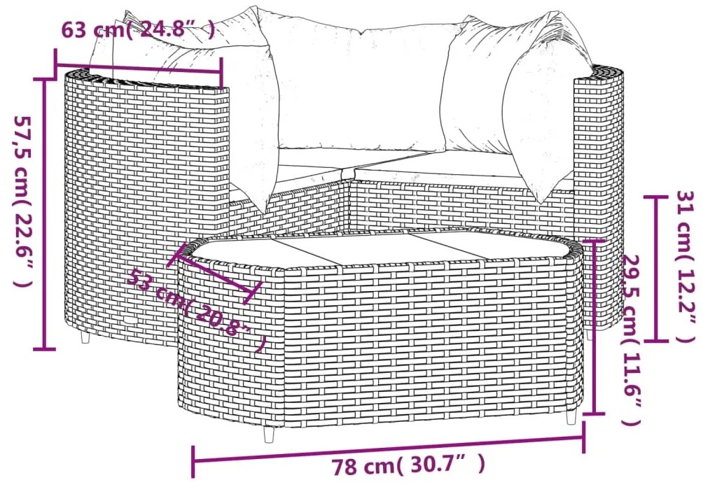4 pcs conjunto lounge de jardim c/ almofadões vime PE cinzento