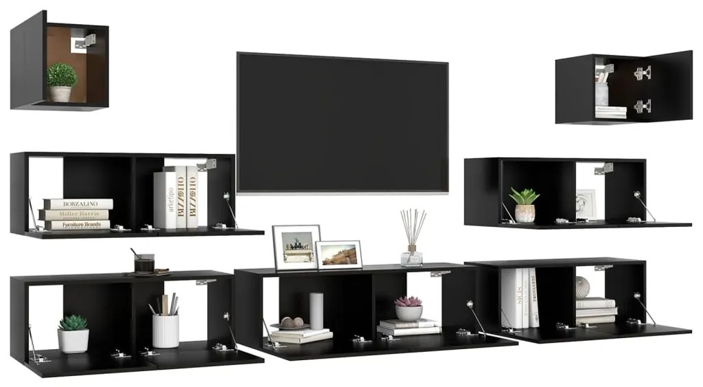7 pcs conjunto de móveis de TV derivados de madeira preto