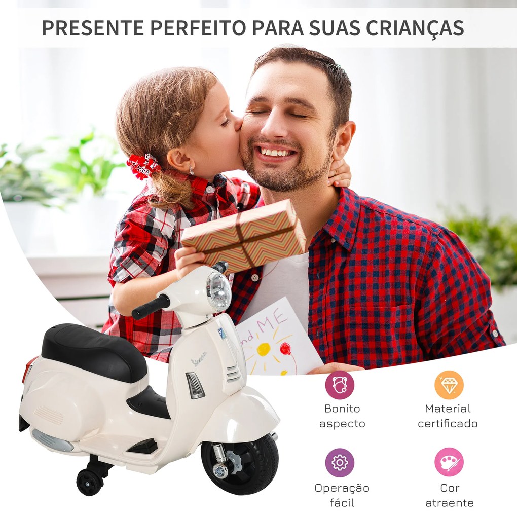 Mota Elétrica 6v Vespa para Crianças 1,5 a 3 anos com Farol e Buzina 66,5x38x53 cm Branco